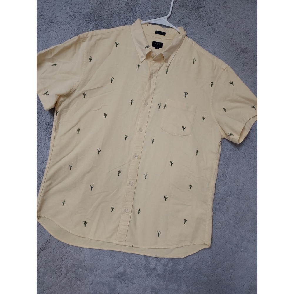 J Crew Shirt Mens XL Slim Fit Cactus Novelty Oxford Cloth Short Sleeve Yellow